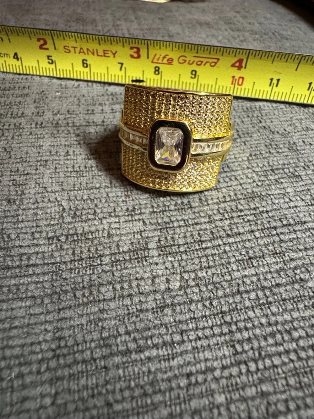 Gold Plated Sterling Silver Iced Out Emerald Cut CZ Wide Statement Ring 9